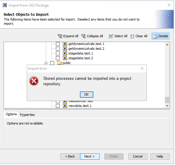 Stored processes cannot be imported into a project repository